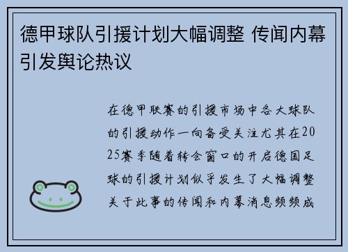 德甲球队引援计划大幅调整 传闻内幕引发舆论热议